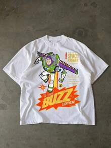 Disney-Toy Story Buzz Lightyear Retro Illustration T-Shirt | Laser Wings Detail Print | High Street Oversize Half Sleeve - trắng - Xem 3