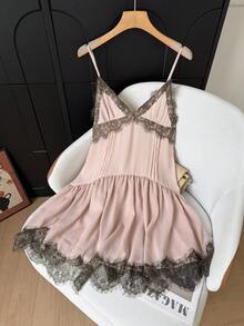 GMFP 女士春夏休闲优雅撞色蕾丝拼接粉色吊带裙，适合度假、海滩、音乐节/婚礼季等场合 - 粉色 - 查看 4