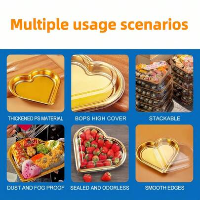 50/25/10 piezas Cajas de embalaje con forma de corazón dorado, cajas multiusos de gran capacidad con tapas, adecuadas para hornear, frutas, chocolates, dulces, sushi, verduras, ensaladas y quesos - Transparente con ribete dorado, cierre con tapa abatible, ideal para bodas, cumpleaños, San Valentín o aniversarios