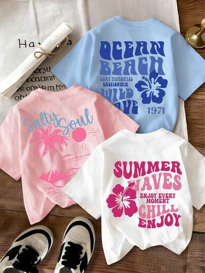 3pcs/Set Tween Girls' Hibiscus & Palm Tree Print T-Shirts, Soft & Comfortable Fabric, Suitable For Girls' Travel, Vacation, Outdoor Sports, Daily Wear, Casual Travel, Best Choice! Fashionable Tween Girls' Casual Tops For Spring & Summer