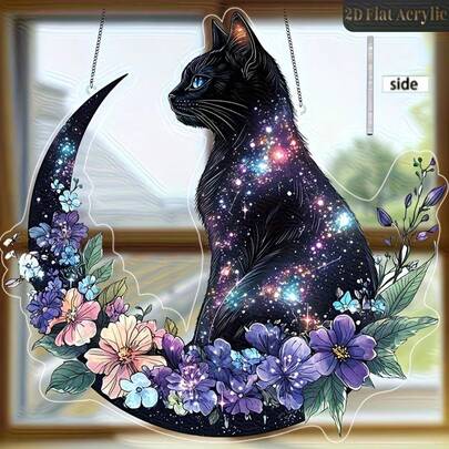 2D Flat - [2D Flat] Starry Sky Black Cat Acrylic Dream Catcher - 6 Inch X 5.67 Inch, Dreamlike Garden Decor, Suitable For All Holidays And Seasons, Moon Wreath Design, Perfect Gift For Cat Lovers, Ideal For Living Room And Bedroom | Plastic Dream Catcher, Cat Decor, 2D Flat