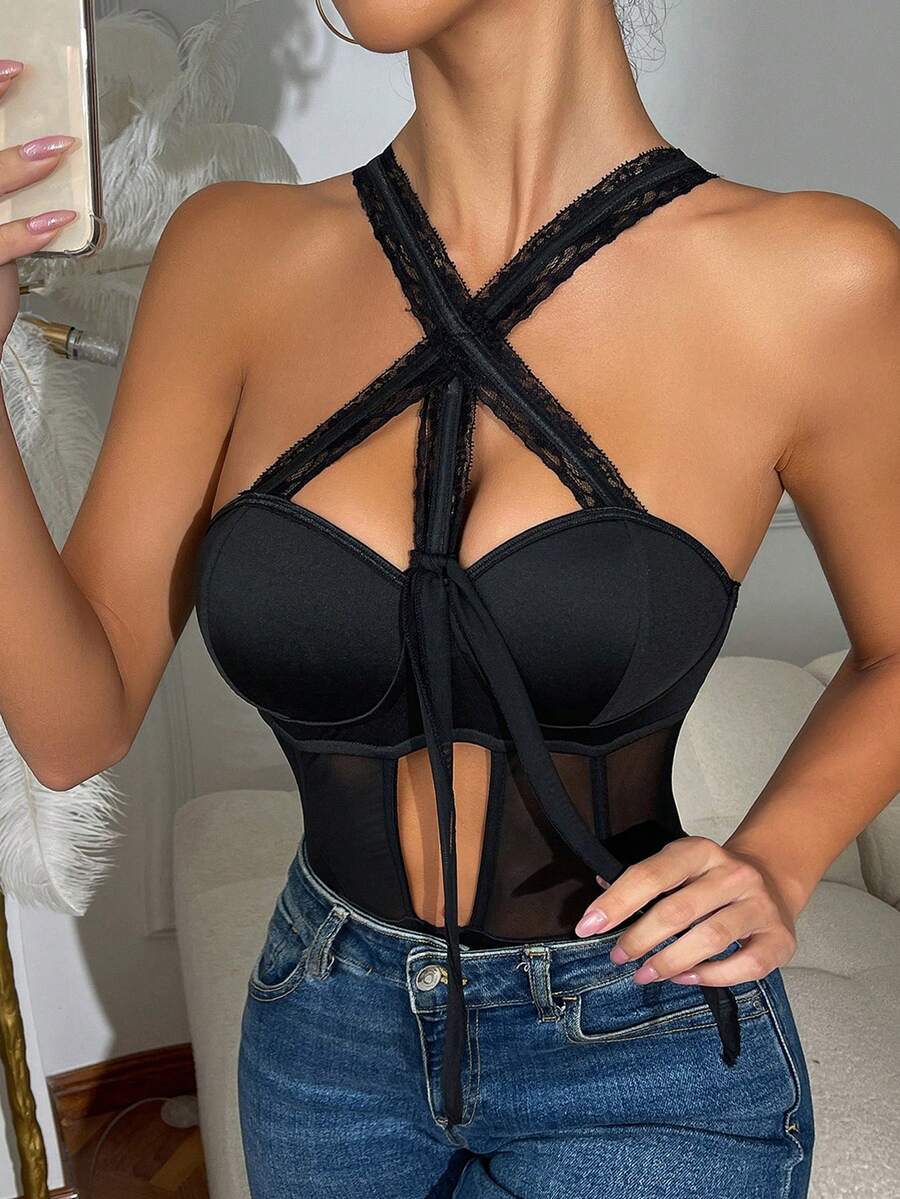 Women's Black Halter Crisscross Lace Tie Mesh Bodysuit