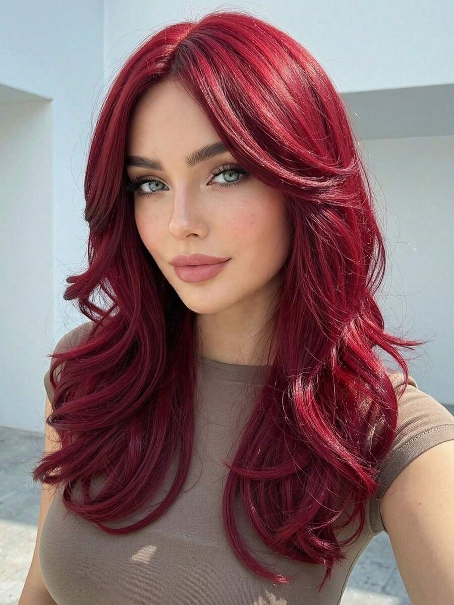 18 Inch Red Natural Layered Long Curly Wig With Bangs, Women Synthetic Wavy Layered Wig Suitable For Daily Wear, Party, Date And Cosplay, A Practical Gift For Girls - Red - View 1