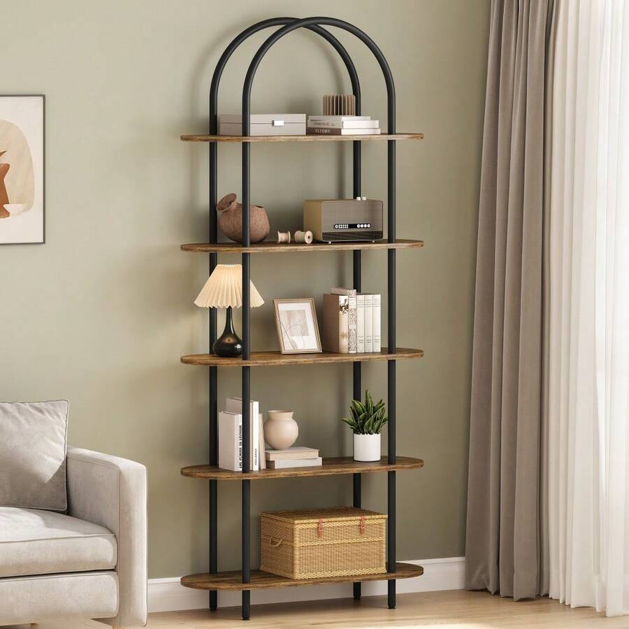 71" Arched Bookshelf, 5 Tier Freestanding Open Bookcase With Sturdy Metal Frame, Modern Display Rack And Plant Shelf For Bedroom, Living Room, Home Office - 黑色+復古色彩,五層 - 查看 1