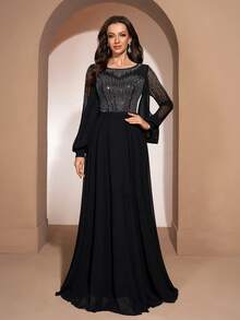 YISIKADO Rhinestone Chiffon Evening Dress Modest Round Neck Lantern Sleeve Luxury Formal Women Dresses For Wedding Guest Birthday Prom Party Black - Black - View 4