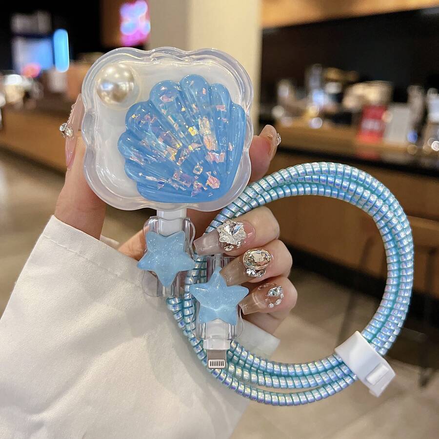 20W 波浪纹外壳英规插头充电器头保护套，线缆护套 - 藍色貝殼 - 查看 1