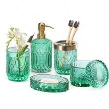 EMPO Juego de 6 accesorios de vidrio transparente para baño dispensador de jabón de loción jabonera soporte para cepillo para polvo de dientes vaso tarro de hisopo de algodón decoración moderna - Jade clásico - Ver 8