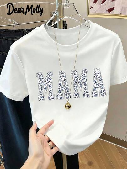 DEAR MOLLY 刺绣妈妈图案夏季上衣，简约舒适百搭圆领短袖T恤，适合休闲外出，送给妈妈的礼物