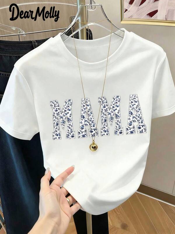 DEAR MOLLY Embroidered Mom Graphic Summer Top, Minimalist Comfortable Versatile Round Neck Short Sleeve T-Shirt, Suitable For Casual Outings, Gift For Mom