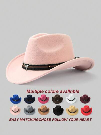 1pc Solid Color Bohemian Casual Party Polyester Braided Band Decor Felt Hat, Soft Wool Hat, Jazz Hat, Western Cowboy Hat, Unisex Fashionable Retro Commuter, Autumn/Winter