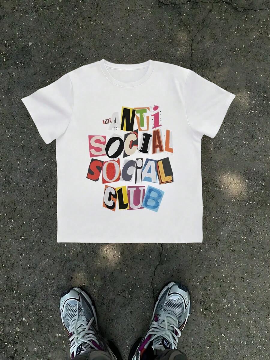 1Pcs Anti Social Club Print Men's T Shirt Streetwear 100% Cotton TShirt Men's Summer Graphic Tee Gift For Men, Casual Style Letter Tee For Hip Hop Fashion - White - View 1