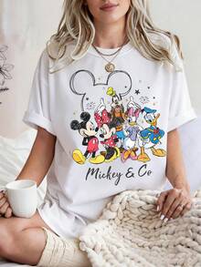 Disney Mickey  Print  Summer Casual Versatile Pure Cotton T-Shirt Suitable For Any Place - White - View 1
