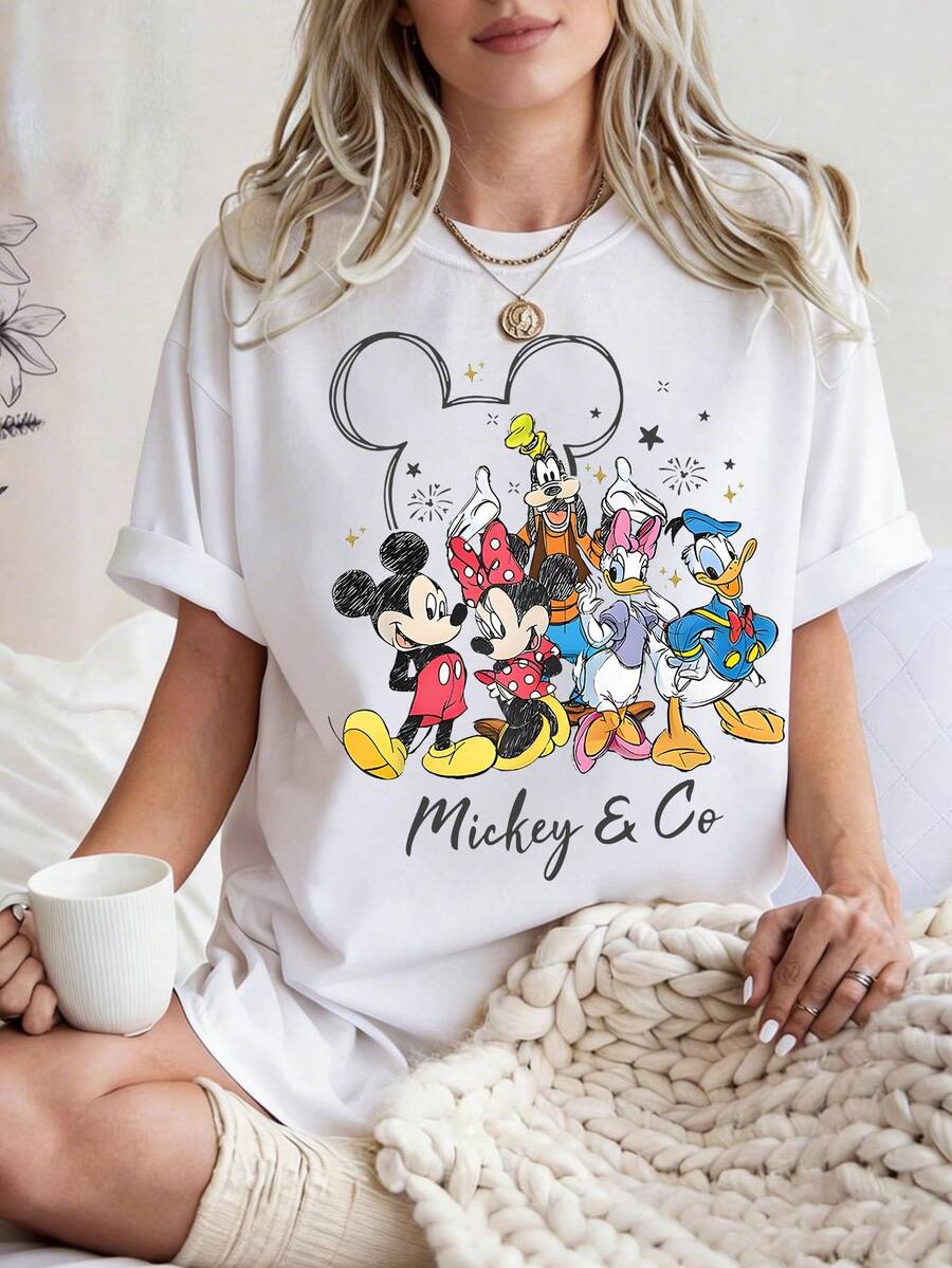 Disney Mickey  Print  Summer Casual Versatile Pure Cotton T-Shirt Suitable For Any Place - White - View 1