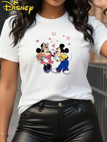 Disney - Romantic Valentine'S Day Mickey And Minnie Flower-Giving Print Loose Casual Versatile Round Neck T-Shirt | Soft And Stretchy Casual Short Sleeve Top, Fashionable Cartoon Print For Women - trắng - Xem 1