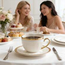 6pcs Luxury Arabian Nights Coffee Cup & Saucer Set, White Ceramic With Hand-Applied Gold Trim & Embossed Pattern, Elegant Tableware For Ramadan Kareem Iftar, Eid Celebrations & Traditional Oahwa Serving, Saucer Dia 14cm/5.51inch - Multicolor - View 8