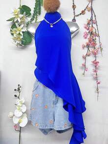T124 White Sleeveless Turtleneck Blouse, Elegant Asymmetrical Ruffle Design - Royal Blue - View 3
