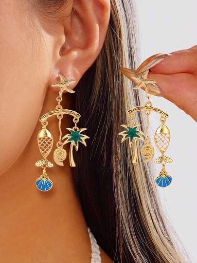 一对度假风创意海星、棕榈树、贝壳、鱼多元素流苏耳环，送给朋友、家人、女朋友的绝佳礼物之选