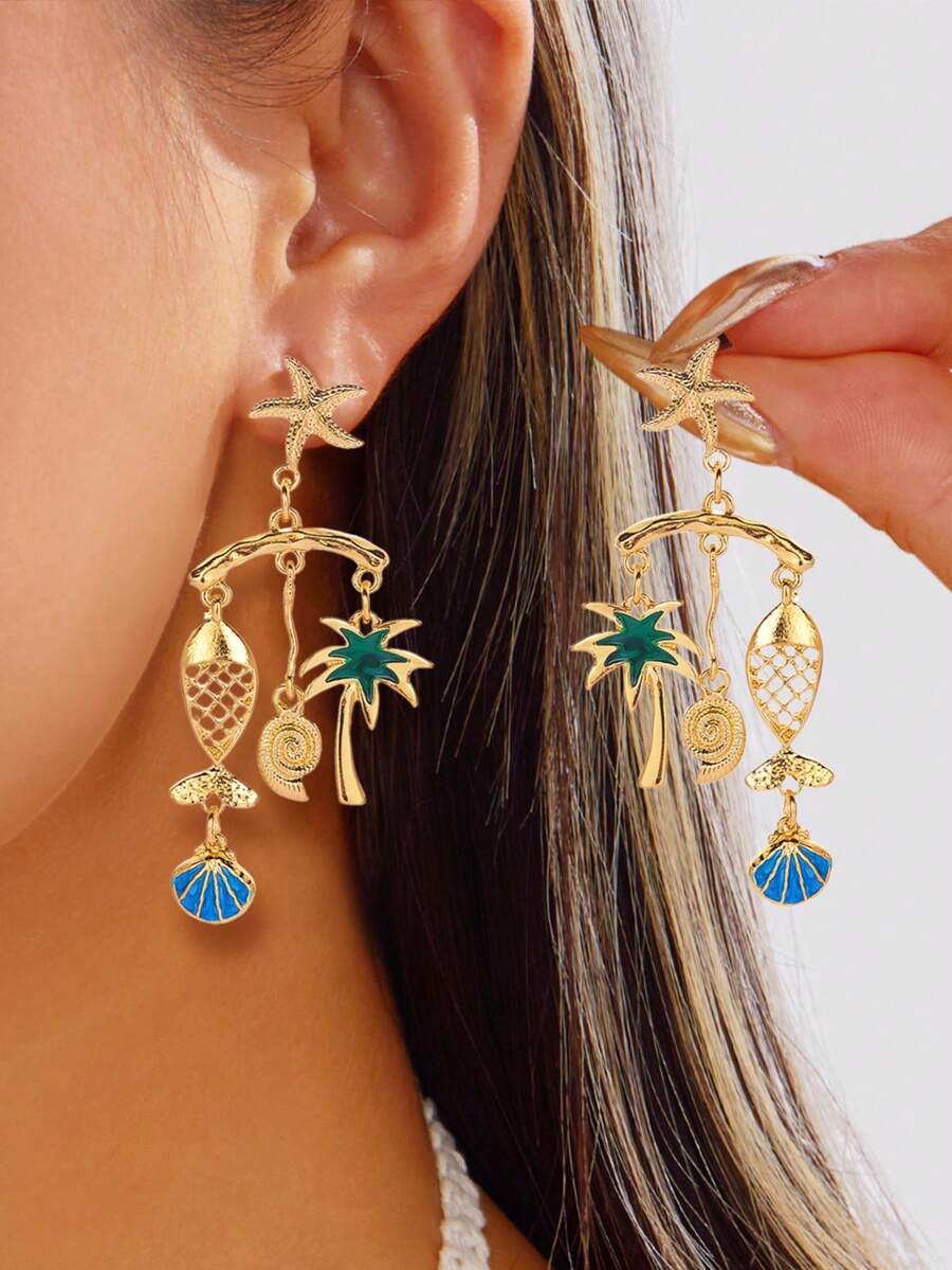 一对度假风创意海星、棕榈树、贝壳、鱼多元素流苏耳环，送给朋友、家人、女朋友的绝佳礼物之选 - 彩色 - 查看 1