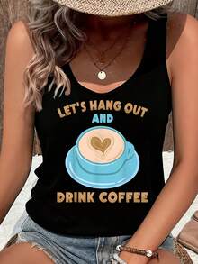 Hang Out Lets Hang Out And Drink Coffee Bar 1 Pcs Plus Size Women's Sleeveless T-Shirt, Unique Loose Pattern Sleeveless Shirt, 100% Polyester Crew Neck Top, Casual Wear, 220g - 黑色 - 查看 1