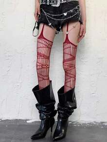 1双女士渔网袜，蕾丝透明吊袜带，性感Y2K风格 - 紅色 - 查看 2