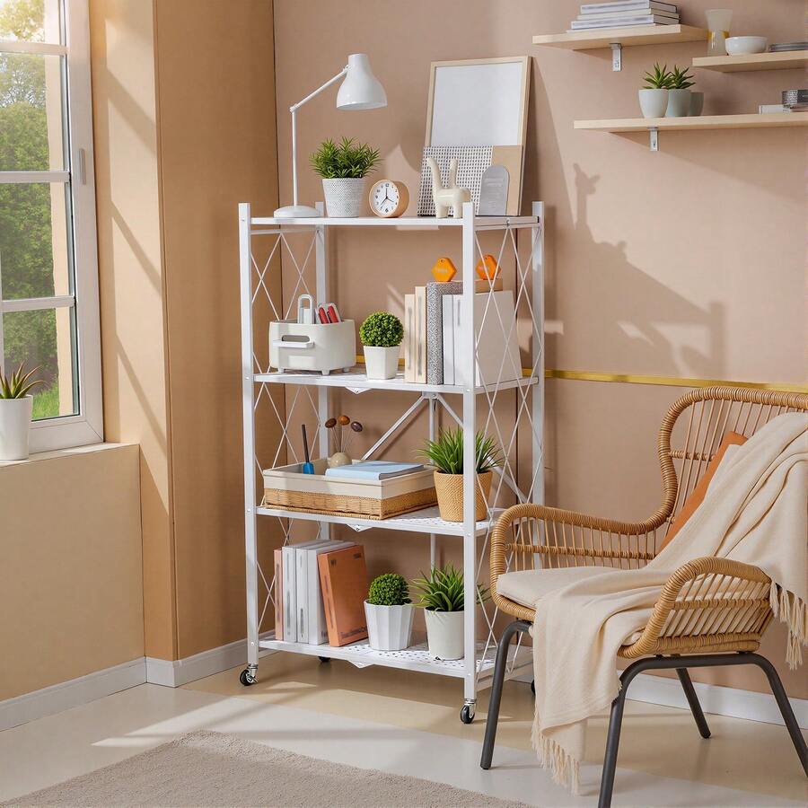 Upgraded Home 4-Tier Foldable Storage Shelf With Wheels ,Collapsible Shelving Unit,750 Lbs Large Capacity Storage Trolley,Display Metal Rack, Rolling Cart For Books,Kitchen Storage Shelves, Garage Storage,Pantry & Closet Organizer, Office Room,Decor,Bathroom(Black/White/Pink/Green),No Assembly - 查看 1