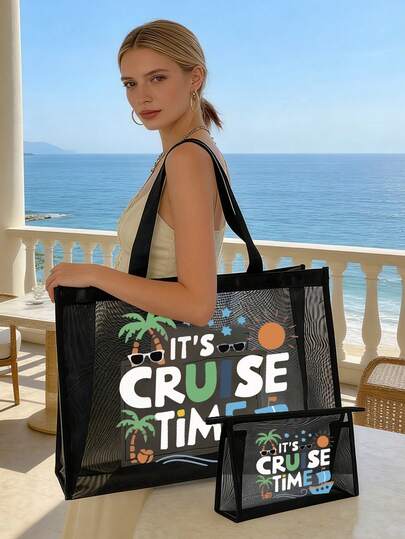 Bolsa de malla con estampado de patrón de "Hora de crucero", bolsa de almacenamiento con tema de barco de crucero oceánico y árbol de coco, bolsa de aseo, bolsa de mano de gran capacidad, bolsa de hombro para vacaciones en la playa, regalo para niñas, bolsa plegable ligera, para almacenamiento de cosméticos de viaje personal, fácil de limpiar, herramientas de maquillaje de viaje, regalo para maestros, regalo para amantes, regalo de cumpleaños, para satisfacer las necesidades diarias de viaje, regalo de graduación/regreso a la escuela, recuerdo de vacaciones, regalo del Día de la Madre