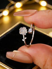 925 Sterling Silver Iridescent Rose Ring, Open Cubic Zirconia Design, Unique Delicate Silver Jewelry, Gift For Girlfriend - White - View 1