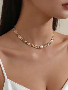 1 Piece Women's Gold/Silver Arrow Chain Choker Necklace With Pearl/Heart Pendant, Minimalist Layered Jewelry For Wedding, Party And Everyday Wear - Multicolor - View 6