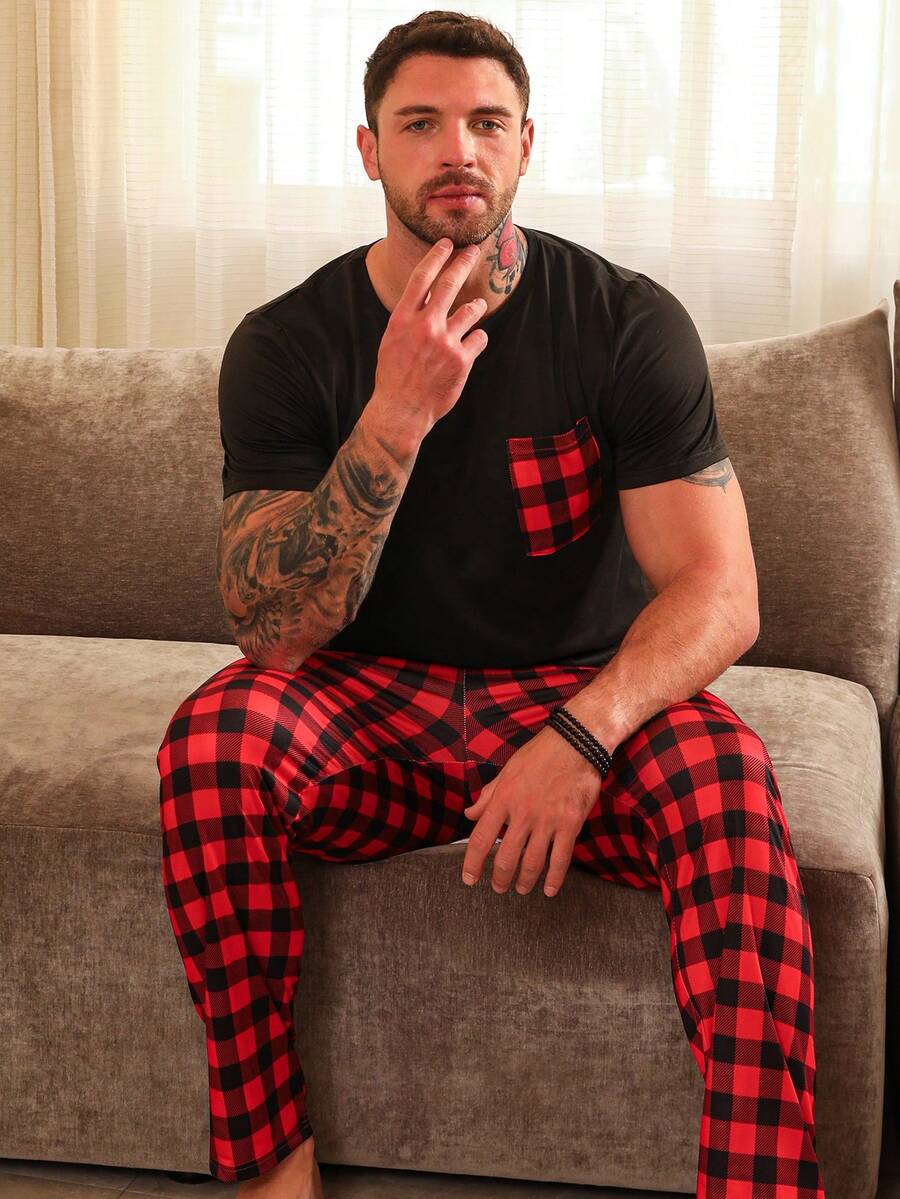 Conjunto de 2 piezas de pijama para hombre de primavera y verano con pantalón y camisa de manga corta, estilo a cuadros para uso en casa - Rojo - Ver 1