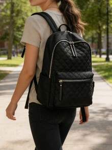 Ba lô chần bông dành cho nữ | Ba lô du lịch bằng nylon nhẹ với nhiều ngăn, phù hợp cho công việc, trường học và sử dụng hàng ngày | Ba lô chần bông thời trang dành cho nữ | Ba lô đi làm thông thường với ngăn đựng laptop, dây đeo có thể điều chỉnh, thích hợp cho đi làm, du lịch và đi học. - màu đen - Xem 3