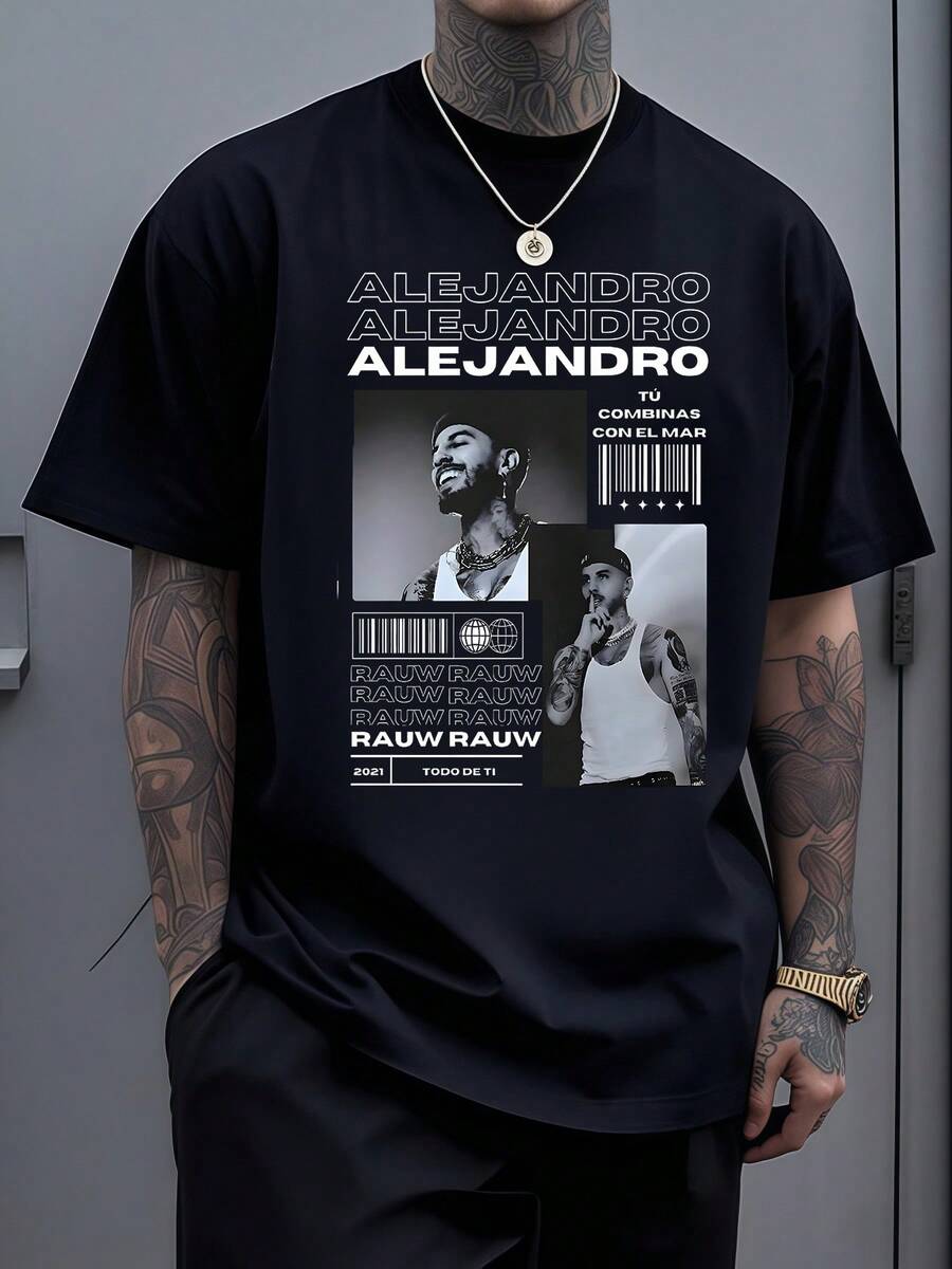Retrato moderno con letras superpuestas que evocan fuerza actitud y conexión con el mar mostrando figuras de inspiración urbana y energía contemporánea camisetas gráficas únicas para expresar confianza y estilo personal camiseta de hombre - Negro - Ver 1