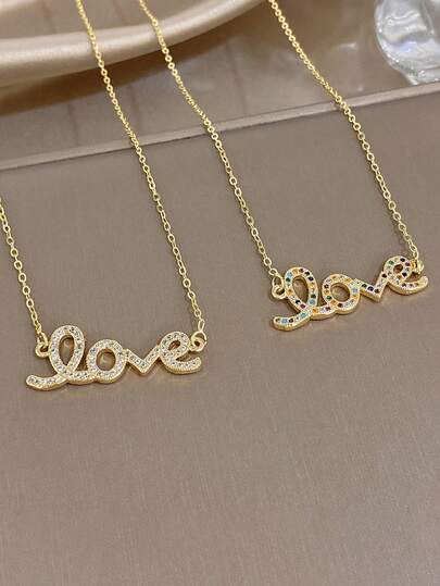 1件夏季时尚精致项链，铜合金锆石爱心彩色钻石字母吊坠项链，适合单身派对和情人节佩戴，女士配饰