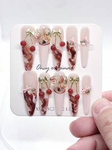 10pcs Pink French Manicure Nail Stickers, Handmade Long Nail Stickers With Bow And Rhinestone Decor, Suitable For DIY Nail Art At Home, Full Cover Fake Nails For Women And Girls - Baby Pink - View 1