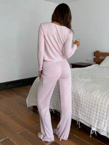 2pcs Women Crew Neck Long Sleeve Top + Elastic Waist Pants Pajama Set, Cute Loungewear - Pink - View 2