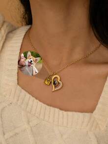 1pc Customized Photo Necklace, Stainless Steel Engraved Initial Pendant, Fashionable Creative Lock Design Pendant, Personalized Heart/Round Projection Pendant, Suitable For Men And Women, Elegant Minimalist Jewelry, Mother's Day Gift, Bridesmaid Gift, Proposal Gift - Gold - View 5