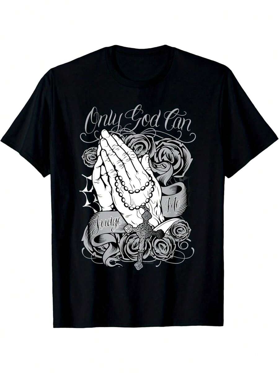 Only God Can Judge Me Chicano Graphic Art Tees T-Shirt, PLUS SIZE, L-5Xl.Jpg Same Style For Men And Women 2025 Summer Short-Sleeved Printed T-Shirt Pure 220G - 黑色 - 查看 1