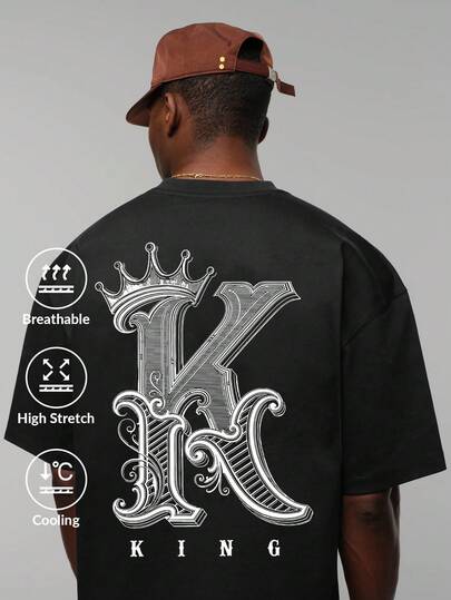 Camvyn Camiseta masculina casual de verão, modelagem solta, estampada, ombros caídos, em seda gelada, manga curta.