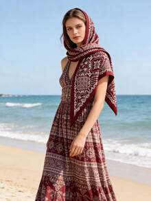 1pc Versatile Cashew Flower Print Scarf/Shawl, Suitable For Daily, Office, And Vacation Wear - Brown - View 4