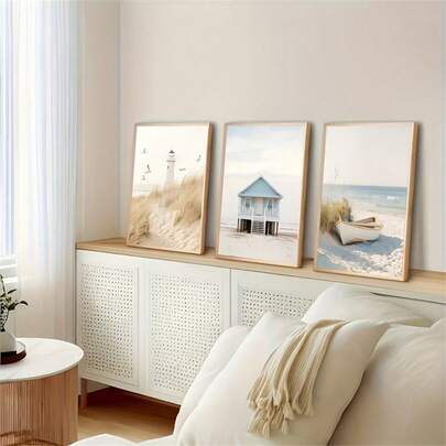 3pcs/Set 2D FLAT Modern Landscape Wall Art, Fresh Beach, Lighthouse, Cabin, Boat, Wall Art Canvas Painting, Living Room Decor,Home Decor,Room Decor,Wall Decor,Bedroom Decor, Wall Decoration, Modern Ideal Home Wall Decoration Gift, Frameless