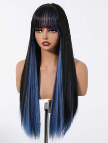Peluca larga y recta de fibra sintética de 26 pulgadas con flequillo, estilo punk de alto brillo en degradado azul, adecuada para maquillaje diario, fiestas y festivales de música - Resaltar azul - Ver 3