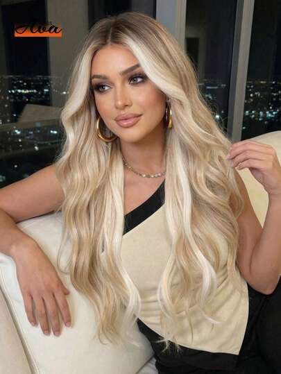 28 Inch Gold Color Long Curly Wavy Wig With Curtain Bangs Synthetic Heat Resistant Wig With Bangs Women Wigs For Daily Wear Costume Wigs Cosplay Party Gifts Christmas Winter Fashion Wigs