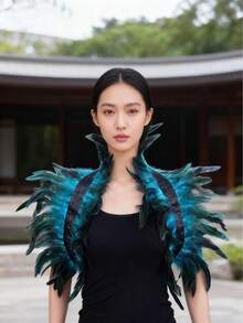 1根天然黑色羽毛，手工多层缝制，搭配弹性肩带，蓬松的3D羽毛设计，厚实质感，层次分明，颈部和肩部的羽毛延伸部分模仿乌鸦/恶魔的翅膀形状 - 彩色 - 查看 4