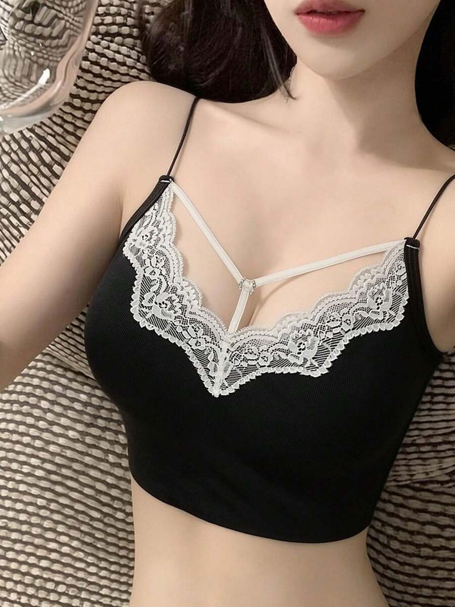 Summer New Sexy Lace Patchwork Camisole Backless Slim Fit Cropped Tank Top With Padded Bust, Versatile Revealing Back Top Casual - Black - View 1