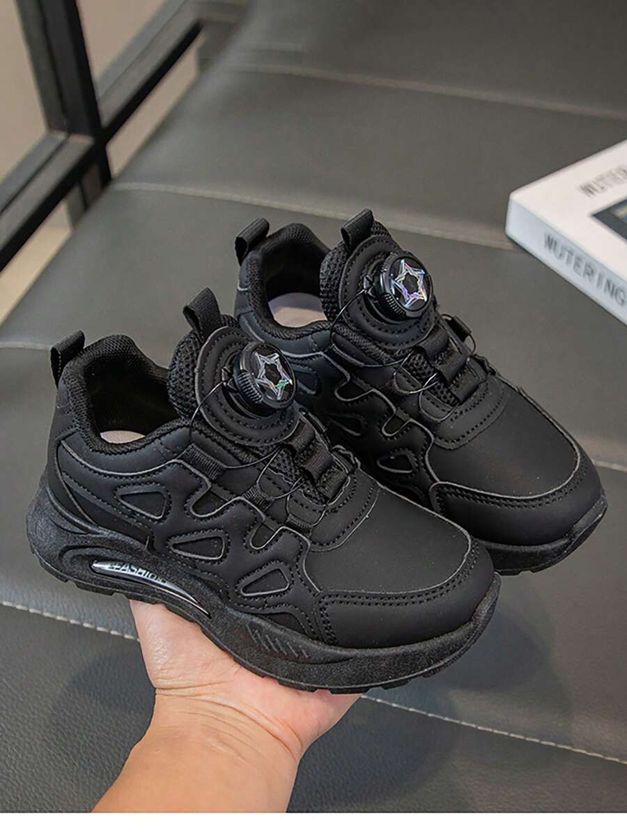 Zapatillas casuales para niños con hebilla giratoria - Transpirables, antideslizantes, cómodas para niños y niñas - Sólido/Patrones aleatorios - Negro - Ver 1