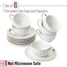 BTaT- Tazas de capuchino con platillos de 7 onzas con caja de regalo juego de 6 taza de café y platillo de porcelana blanca para café con leche con diseño de borde dorado apto para lavaplatos - Blanco - Ver 2