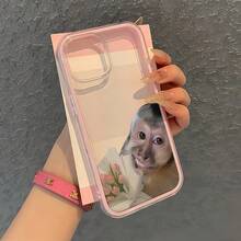 1pc Pink Frame Transparent Minimalist Monkey Holding Flowers Pattern Phone Case, Shockproof And Scratch-Resistant, Compatible With IPhone 16 Pro Max, 17/16/15/14 Plus, 13/12/11, Air, Series - Multicolor - View 2