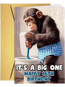 1pc Funny "It's A Big One" 16th Birthday Greeting Card With Envelope, Chimpanzee Toilet Design For Teens - View 7