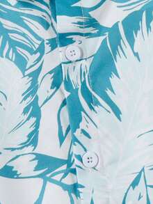 Boys' Leaf Print Short Sleeve Shirt And Shorts Set, Casual Lightweight Vacation Street Style, Spring/Summer - Blue and White - View 8