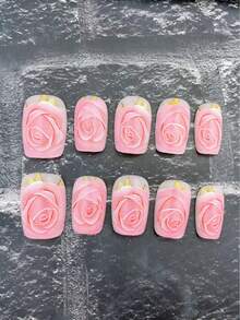 100%纯手工美甲套装，10片装，粉色梯形，时尚优雅，法式美甲，美甲贴纸，新年美甲，情人节美甲，UV凝胶美甲，夏季美甲，哑光美甲，日常美甲，优雅大方设计 - 粉色 - 查看 7