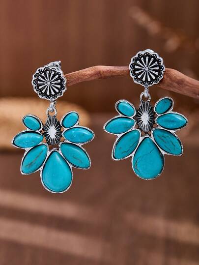 LUMIDIYA Pendientes de mujer con forma de flor exagerada y turquesa estilo retro occidental, pendientes colgantes bohemios, pendientes para el atuendo de vaquera, adecuados para usar en todas las ocasiones, un regalo para damas